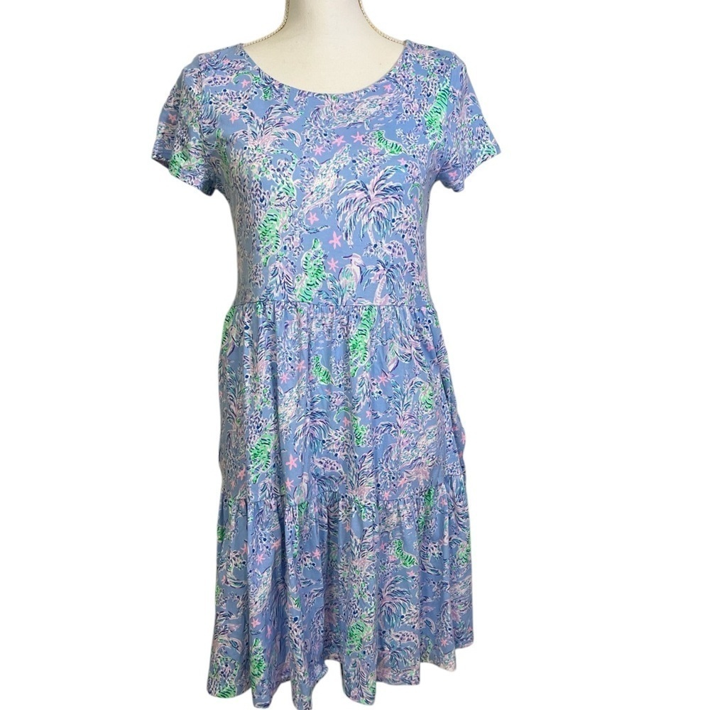 Lilly Pulitzer Geanna Women Small Swing Tiered Jersey Dress Green Tiger Pockets